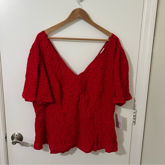 NWT A New Day Red Polka Dot Flutter Short Sleeve V-Neck Top Blouse Plus Size 1X - Picture 1 of 3